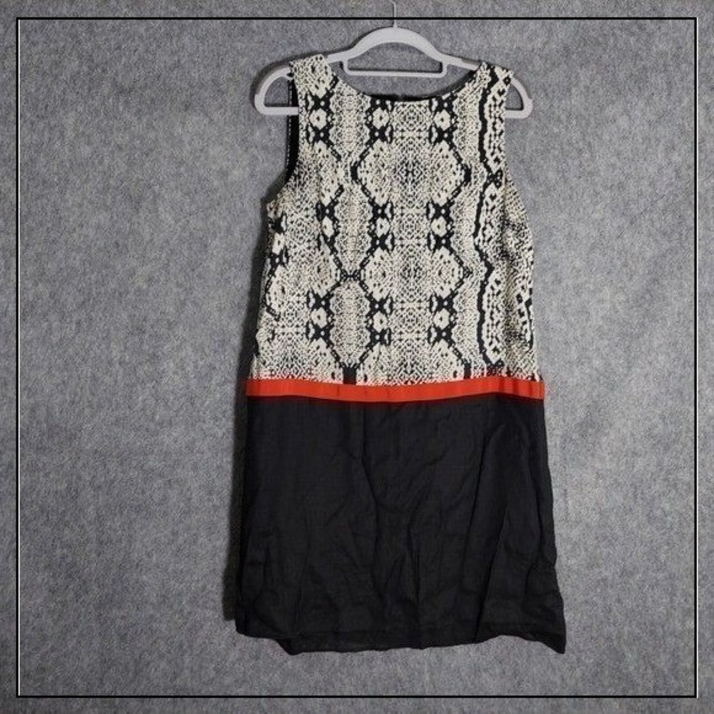 LOFT 100% Linen Dress Women 8 Black Red Snake Colorblock Sleeveless Shift Modern